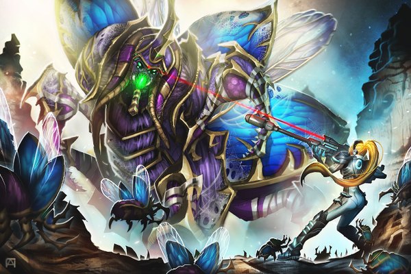 Anime picture 1296x864 with world of warcraft starcraft heroes of the storm blizzard entertainment nova (starcraft) anub'arak (wow) pechan (artist) long hair blonde hair standing green eyes ponytail from behind insect wings girl weapon wings gun insect bodysuit