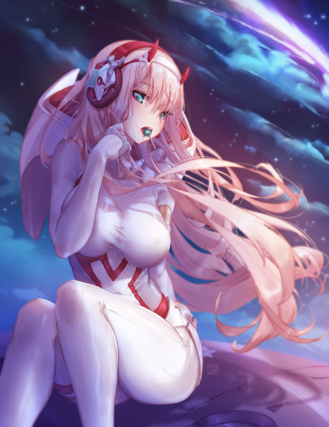 Anime picture 3153x4096 with darling in the franxx studio trigger zero two (darling in the franxx) mitsu (mitsu art) single long hair tall image looking at viewer fringe highres breasts open mouth light erotic hair between eyes large breasts sitting holding pink hair absurdres cloud (clouds)
