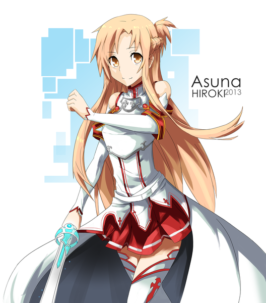 Anime picture 1540x1750 with sword art online a-1 pictures yuuki asuna hiroki (hirokiart) single long hair tall image looking at viewer smile brown hair bare shoulders brown eyes signed character names 2013 girl skirt weapon detached sleeves miniskirt