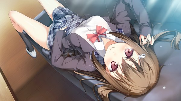 Anime picture 1920x1080 with koi suru kanojo no bukiyou na butai togawa mayuu kantoku single long hair looking at viewer blush fringe highres breasts light erotic smile wide image brown eyes lying pink eyes on back plaid skirt plaid girl