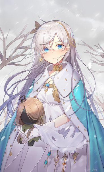 Anime picture 1176x1924 with fate (series) fate/grand order anastasia (fate) viy (fate) ion (on01e) single long hair tall image looking at viewer blush fringe blue eyes hair between eyes standing holding signed silver hair cloud (clouds) ahoge outdoors