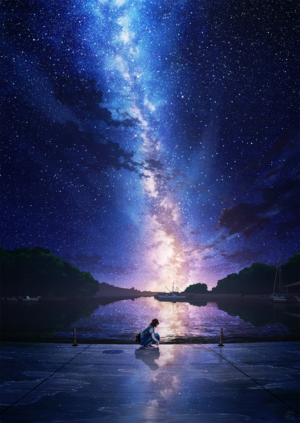 Anime picture 992x1398 with original mocha (cotton) single tall image short hair black hair cloud (clouds) outdoors night night sky reflection scenic lake milky way girl dress plant (plants) tree (trees) shoes star (stars)