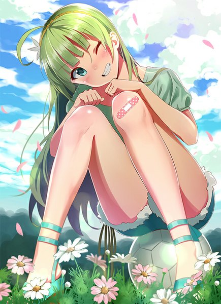 Anime picture 580x800 with idolmaster idolmaster million live! shimabara elena sonsoso single long hair tall image looking at viewer blush fringe smile sky cloud (clouds) ahoge head tilt one eye closed aqua eyes green hair wink legs