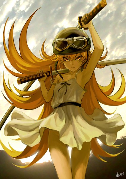 Anime picture 1024x1449 with bakemonogatari shaft (studio) monogatari (series) oshino shinobu as109 single long hair tall image light erotic blonde hair yellow eyes no panties weapon over shoulder girl weapon sword katana sundress goggles helmet