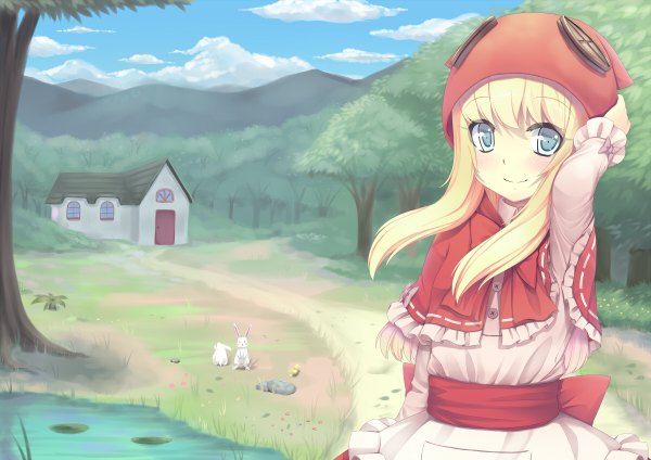Anime picture 1200x848 with little red riding hood little red riding hood (character) sonikey0 0 long hair blush blue eyes blonde hair smile sky cloud (clouds) mountain girl dress plant (plants) animal tree (trees) building (buildings) bunny house
