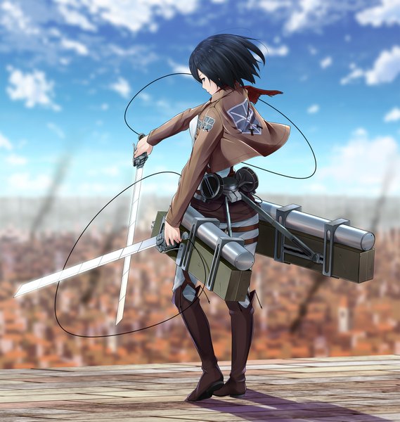 Anime picture 2100x2215 with shingeki no kyojin production i.g mikasa ackerman ninnzinn single tall image highres short hair black hair holding cloud (clouds) black eyes dual wielding crossed swords girl weapon sword jacket boots