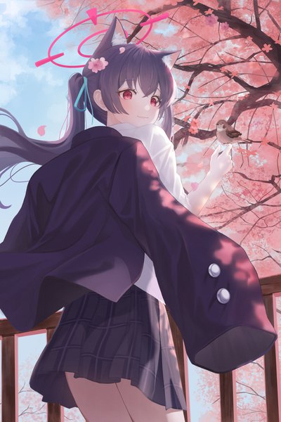 Anime picture 2667x4000 with blue archive serika (blue archive) rianya07 single long hair tall image fringe highres black hair hair between eyes red eyes twintails animal ears looking away outdoors wind cherry blossoms extra ears bird on hand girl