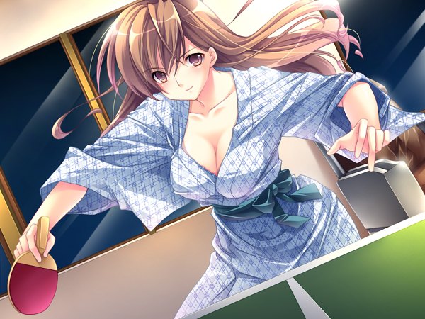 Anime picture 1200x900 with long hair light erotic blonde hair brown eyes game cg cleavage japanese clothes ping pong table tennis paddle