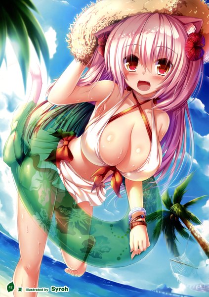 Anime picture 2539x3600 with girls, girls, girls! 10 (artbook) syroh single long hair tall image looking at viewer blush highres breasts open mouth light erotic red eyes large breasts animal ears pink hair sky cleavage cloud (clouds) tail animal tail