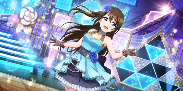 Anime picture 3600x1800 with love live! nijigasaki high school idol club love live! school idol festival all stars sunrise (studio) love live! ousaka shizuku single long hair looking at viewer blush fringe highres open mouth blue eyes smile hair between eyes brown hair wide image standing :d hair flower