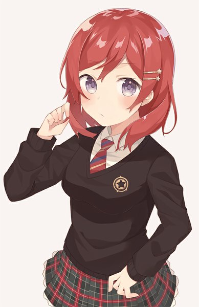 Anime picture 524x807 with love live! school idol project sunrise (studio) love live! nishikino maki nagitoki single tall image looking at viewer blush short hair simple background purple eyes red hair pleated skirt from above grey background hand on hip adjusting hair plaid skirt girl