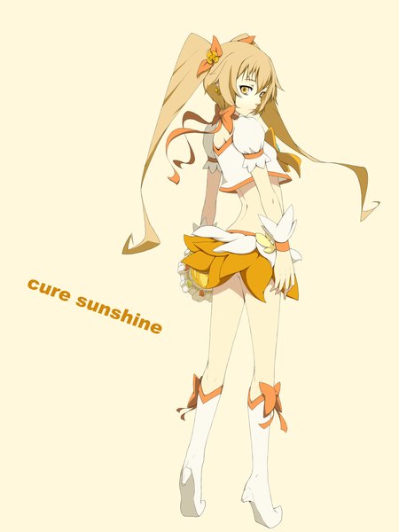 Anime picture 1200x1600 with precure heartcatch precure! toei animation myoudouin itsuki cure sunshine galaxea single long hair tall image simple background blonde hair twintails yellow eyes looking back character names girl bow hair bow miniskirt boots