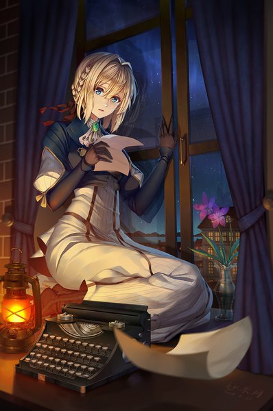 Anime picture 1525x2300 with violet evergarden kyoto animation violet evergarden (character) ttheyue single tall image fringe short hair blonde hair hair between eyes sitting signed payot indoors braid (braids) aqua eyes night high heels puffy sleeves night sky