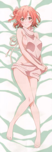 Anime picture 2397x6963 with yahari ore no seishun love comedy wa machigatteiru. brains base (studio) yuigahama yui single tall image looking at viewer blush fringe highres short hair breasts light erotic smile hair between eyes bare shoulders pink hair full body pink eyes barefoot scan