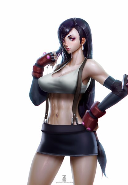 Anime picture 600x865 with final fantasy final fantasy vii square enix tifa lockhart paul (shiramune) single long hair tall image looking at viewer fringe breasts light erotic black hair simple background red eyes white background lips realistic bare belly midriff