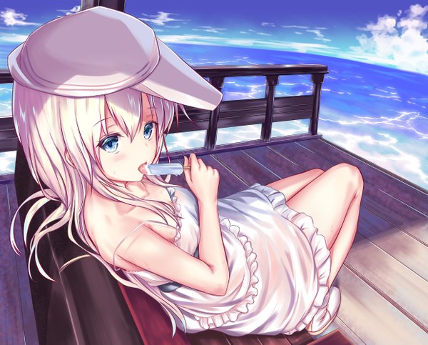 Anime picture 1240x999 with kantai collection hibiki destroyer verniy destroyer tama satou single long hair blush blue eyes sitting sky cloud (clouds) white hair girl food sweets sundress ice cream flat cap