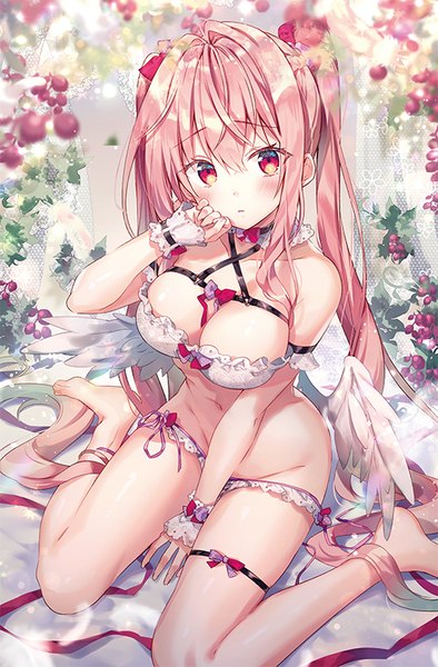 Anime picture 526x800 with original rianastia flugel riichu single tall image looking at viewer blush fringe breasts light erotic hair between eyes red eyes large breasts sitting twintails bare shoulders payot pink hair cleavage very long hair
