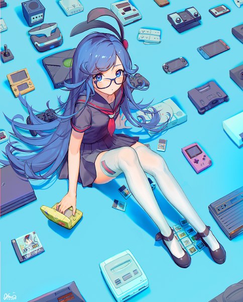 Anime picture 968x1200 with destiny child tamagotchi original nintendo sega sony atari kkuem single long hair tall image looking at viewer blush blue eyes sitting signed blue hair full body pleated skirt from above