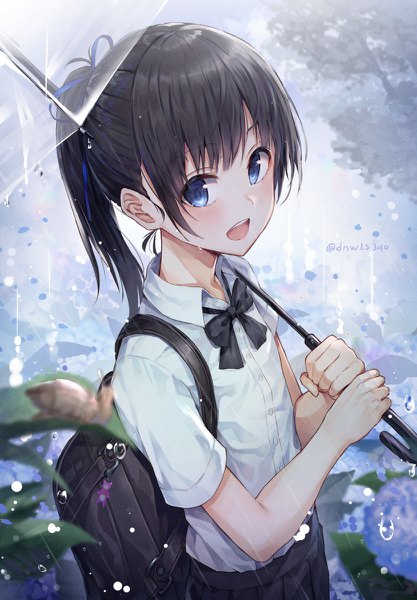Anime picture 834x1200 with original huwari (dnwls3010) single long hair tall image looking at viewer blush fringe open mouth black hair smile hair between eyes standing holding signed payot outdoors ponytail :d pleated skirt