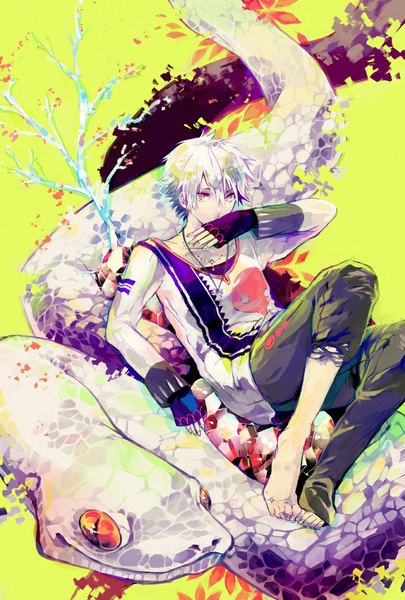 Anime picture 675x1000 with neon genesis evangelion rebuild of evangelion evangelion: 2.0 you can (not) advance evangelion: 3.0 you can (not) redo gainax nagisa kaworu nosaki tsubasa single tall image looking at viewer short hair sitting white hair pink eyes barefoot abstract giant animal boy pants branch