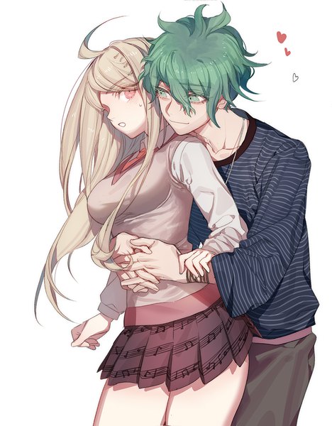 Anime picture 888x1139 with dangan ronpa new danganronpa v3 akamatsu kaede amami rantarou zuizi long hair tall image fringe short hair blonde hair simple background hair between eyes white background green eyes ahoge profile pleated skirt pink eyes green hair hug