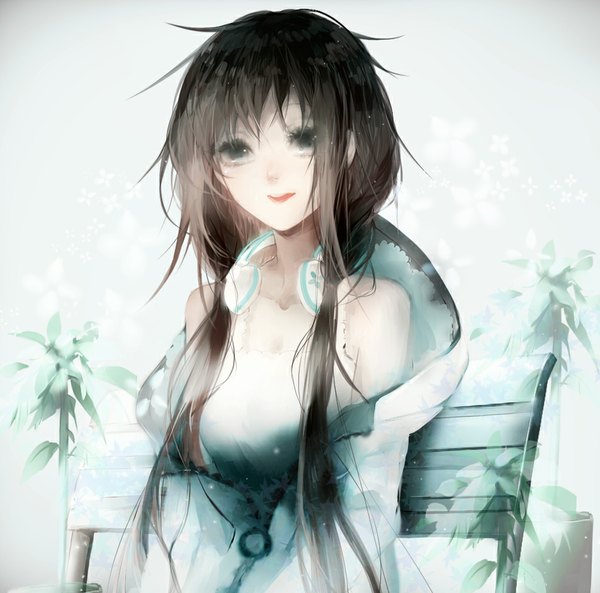 Anime picture 953x942 with utau xia yu yao sa'yuki single long hair looking at viewer fringe breasts open mouth sitting twintails grey eyes low twintails happy headphones around neck girl plant (plants) headphones bench
