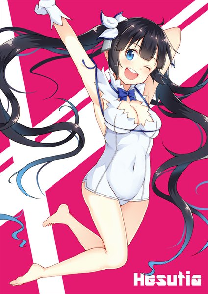 Anime picture 636x900 with dungeon ni deai wo motomeru no wa machigatteiru darou ka j.c. staff hestia (danmachi) single tall image blush breasts open mouth blue eyes light erotic black hair smile large breasts twintails very long hair barefoot bare legs outstretched arm jumping rei no himo