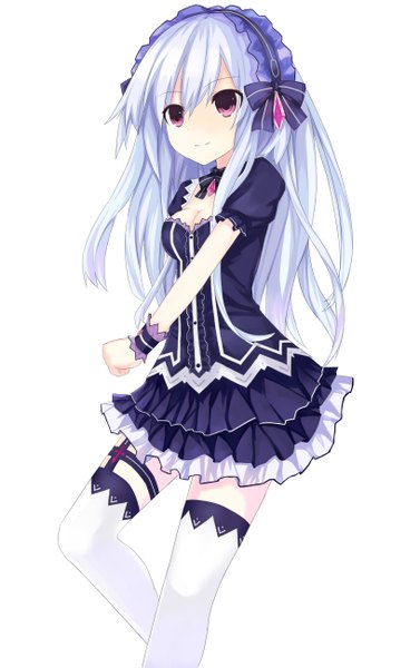 Anime picture 815x1297 with fairy fencer f tiara (fairy fencer f) attenatten single long hair tall image fringe simple background smile hair between eyes white background blue hair looking away cleavage bent knee (knees) pink eyes short sleeves lolita fashion goth-loli girl