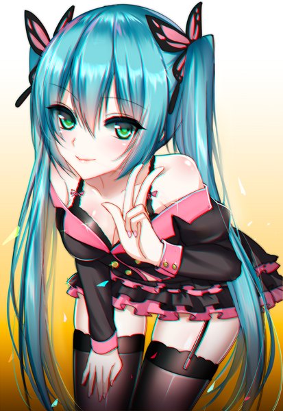 Anime picture 800x1162 with project diva vocaloid sweet devil (vocaloid) hatsune miku mallizmora single tall image looking at viewer blush fringe breasts light erotic simple background smile hair between eyes standing twintails bare shoulders green eyes blue hair