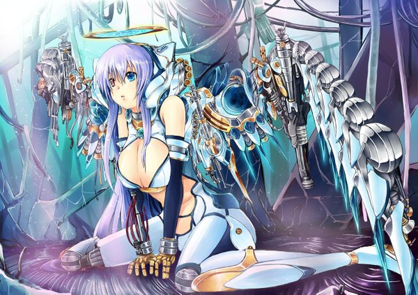 Anime picture 1280x903 with breasts light erotic purple hair heterochromia mecha musume girl wings