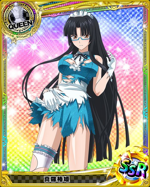 Anime picture 640x800 with highschool dxd shinra tsubaki single tall image looking at viewer light erotic black hair bare shoulders brown eyes very long hair maid torn clothes card (medium) girl thighhighs dress gloves uniform white thighhighs glasses