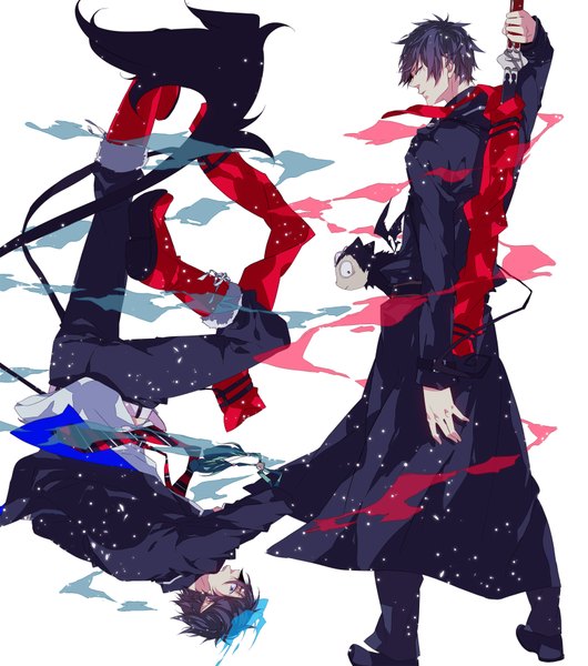 Anime picture 1562x1770 with ao no exorcist a-1 pictures okumura rin kuro (ao no exorcist) night (ao no exorcist) sara666 (roentgen666) tall image short hair blue eyes black hair simple background red eyes white background tail profile looking back pointy ears multiple boys upside down boy