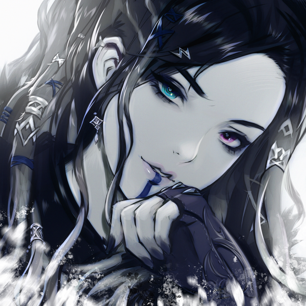 Anime picture 1250x1250 with critical role yasha nydoorin paul (shiramune) single long hair looking at viewer fringe black hair simple background white background purple eyes payot upper body nail polish parted lips arm up aqua eyes fingernails lips realistic