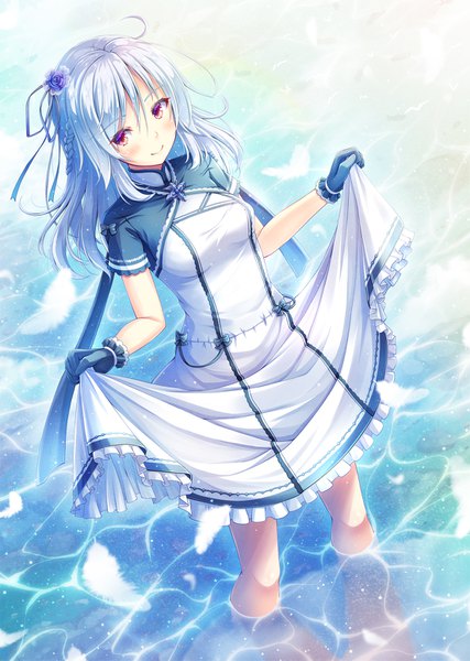 Anime picture 1100x1545 with original akashio (loli ace) single long hair tall image looking at viewer blush fringe smile hair between eyes red eyes standing silver hair ahoge braid (braids) hair flower from above short sleeves dutch angle partially submerged