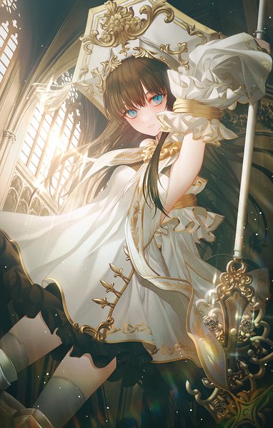Anime picture 956x1500 with original no.aei single long hair tall image looking at viewer blush fringe blue eyes hair between eyes brown hair standing indoors arm up sunlight puffy sleeves girl thighhighs dress weapon