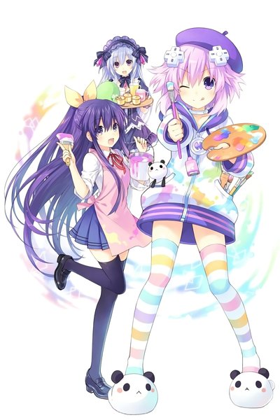 Anime picture 1328x1994 with date a live choujigen game neptune fairy fencer f yatogami tooka neptune (choujigen game neptune) tiara (fairy fencer f) tsunako long hair tall image looking at viewer blush fringe short hair open mouth simple background smile standing white background purple eyes multiple girls