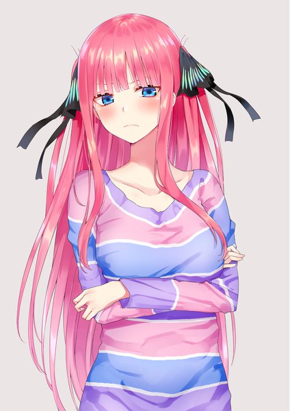 Anime picture 1417x2006 with go-toubun no hanayome nakano nino piripun single long hair tall image looking at viewer blush fringe blue eyes simple background payot pink hair upper body blunt bangs long sleeves grey background crossed arms striped >:(