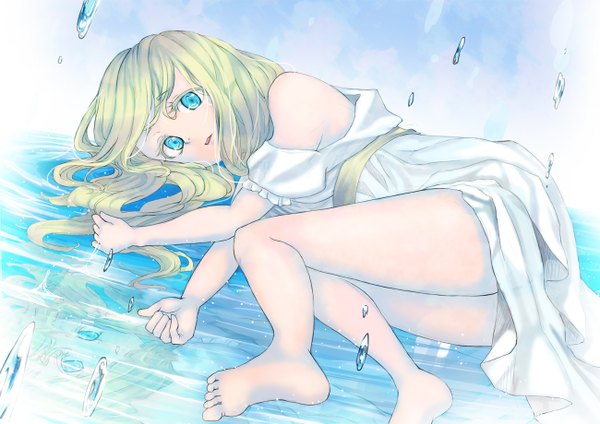 Anime picture 1300x920 with original chieri single long hair looking at viewer blue eyes blonde hair bare shoulders barefoot legs girl water sundress bubble (bubbles)