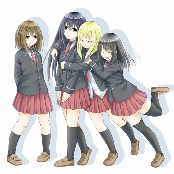 Anime picture 1000x1000 with original creek (moon-sky) long hair short hair open mouth black hair blonde hair brown hair white background multiple girls brown eyes eyes closed black eyes shadow girl thighhighs skirt uniform black thighhighs school uniform