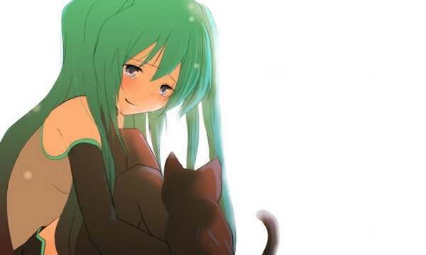 Anime picture 1000x600 with vocaloid hatsune miku hiiro (kikokico) long hair blue eyes simple background wide image white background sitting bare shoulders green hair from behind grey eyes tears back face to face girl thighhighs black thighhighs detached sleeves