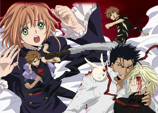 Anime picture 1260x900 with tsubasa reservoir chronicle clamp sakura hime syaoran mokona fay d flourite kurogane twins battle