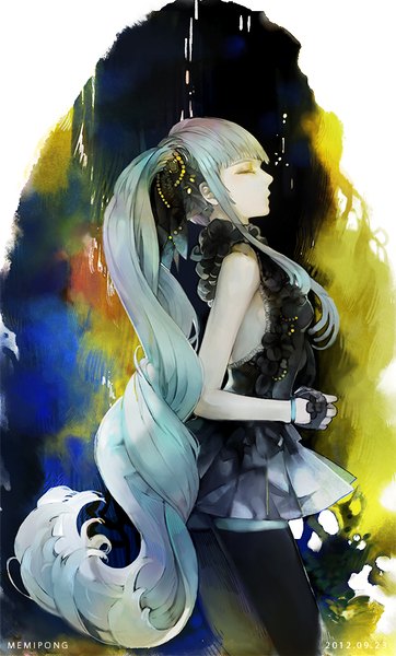 Anime picture 573x948 with vocaloid hatsune miku memipong single long hair tall image fringe bare shoulders payot blunt bangs eyes closed profile one eye closed wink aqua hair side ponytail dated girl thighhighs dress