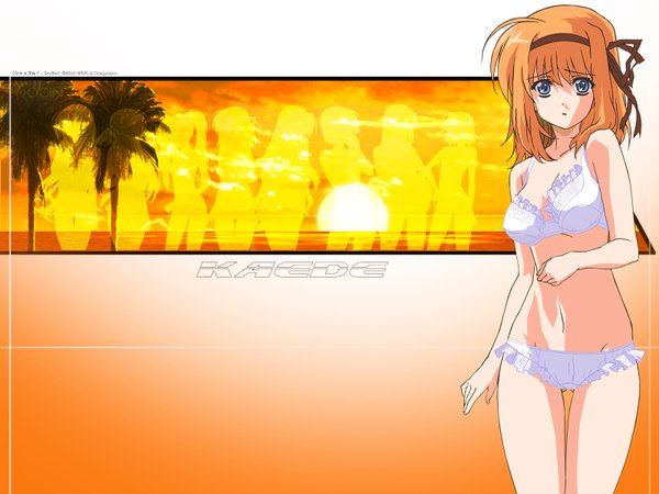 Anime picture 1600x1200 with shuffle! fuyou kaede hosoda naoto single looking at viewer highres short hair blue eyes light erotic orange hair wallpaper character names underwear only girl underwear panties ribbon (ribbons) hair ribbon lingerie bra