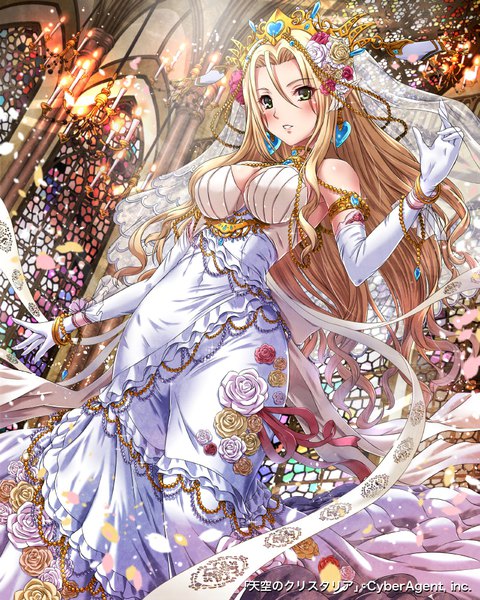 Anime picture 800x1000 with tenkuu no crystalia sakiyamama single long hair tall image looking at viewer blush fringe breasts blonde hair hair between eyes large breasts standing bare shoulders green eyes payot cleavage indoors parted lips hair flower