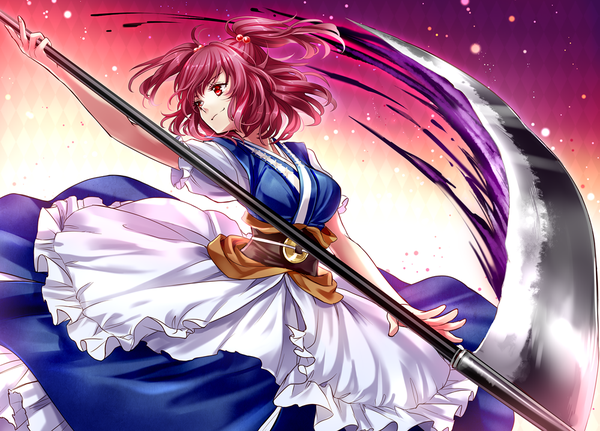 Anime picture 1000x719 with touhou onozuka komachi ria single short hair red eyes looking away pink hair short sleeves two side up rhombus girl weapon hair bobbles scythe