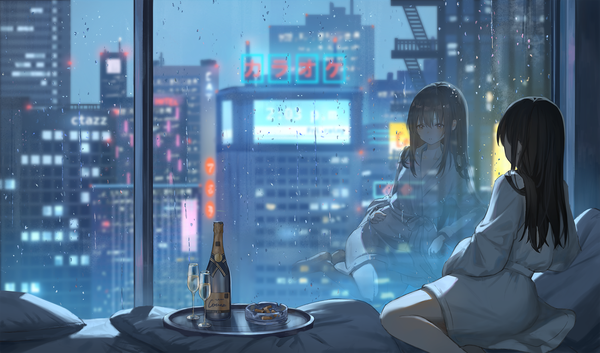 Anime picture 2000x1178 with original catzz single long hair fringe highres hair between eyes brown hair wide image sitting brown eyes looking away indoors parted lips city reflection rain cityscape city lights girl