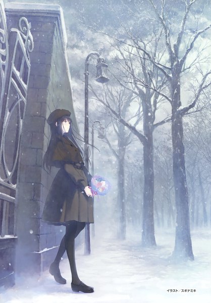 Anime picture 2732x3923 with flowers (innocent grey) innocent grey sugina miki long hair tall image highres black hair outdoors black eyes scan official art snowing winter bare tree brick wall girl dress flower (flowers) plant (plants) pantyhose