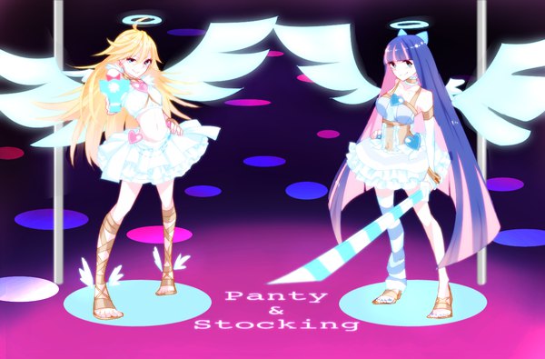 Anime picture 1280x844 with panty & stocking with garterbelt anarchy stocking anarchy panty nana colors long hair looking at viewer fringe blonde hair smile hair between eyes standing multiple girls purple hair full body ahoge blunt bangs very long hair multicolored hair two-tone hair midriff