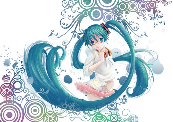 Anime picture 2000x1414 with vocaloid hatsune miku sola7764 long hair highres smile twintails green eyes green hair finger to mouth girl skirt miniskirt glasses headphones