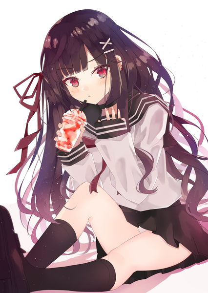 Anime picture 1447x2039 with original aoi yugina single long hair tall image looking at viewer fringe light erotic black hair simple background red eyes white background sitting blunt bangs long sleeves pantyshot piercing sleeves past wrists ear piercing pantyshot sitting